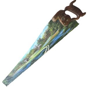 VTG Folk Art Hand Painted Saw 29 Inch Texas Country Farm Barn Bluebonnets Signed